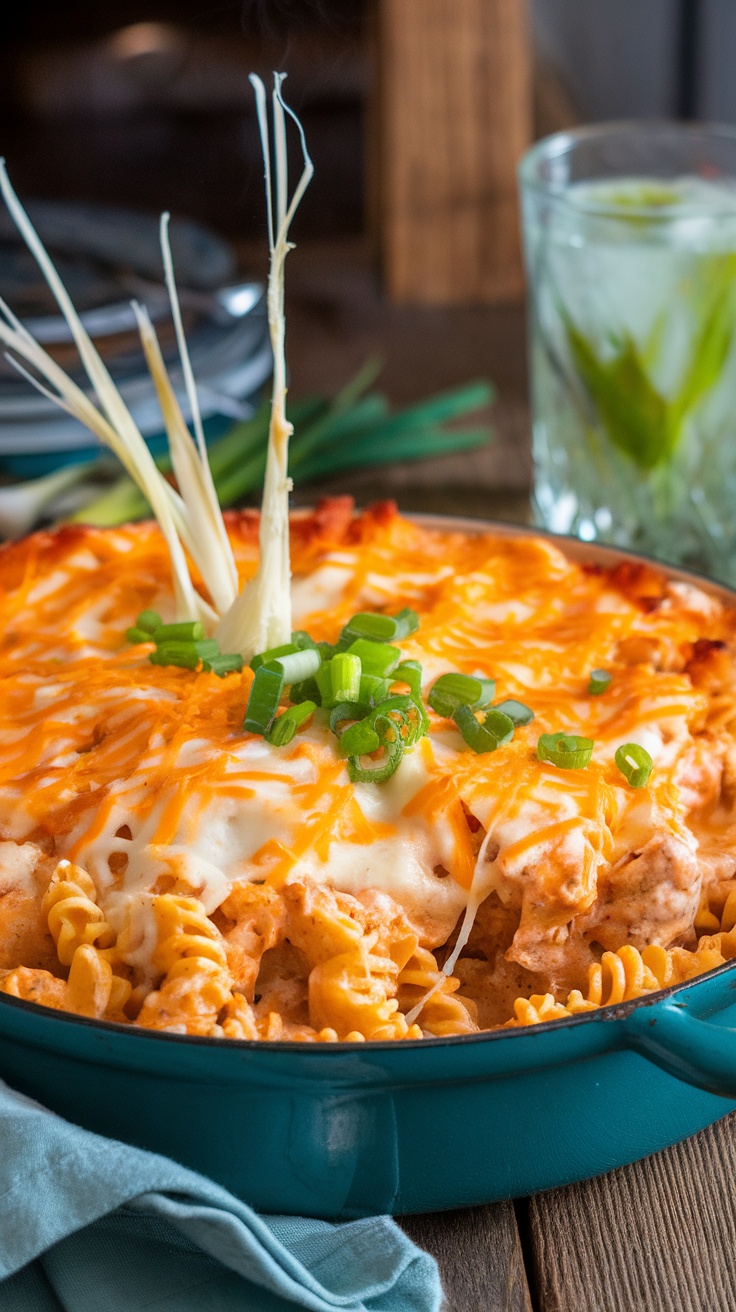 Creamy Buffalo chicken pasta bake with melted cheese and green onion garnish on a rustic table.